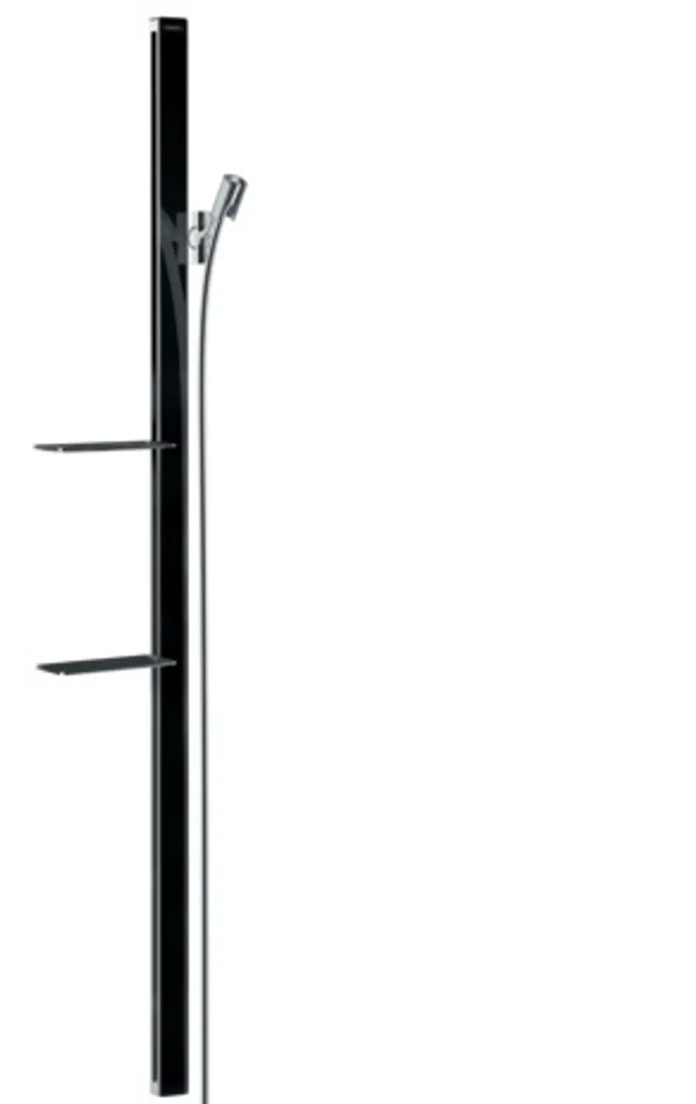 Brausestange von Hansgrohe in Schwarz/Chrom mit integriertem Brauseschlauch und Ablagen, zur Wandmontage geeignet.